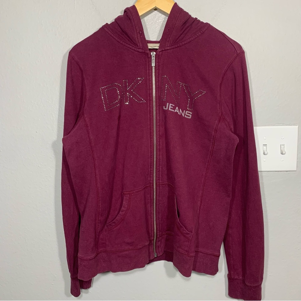 Vintage Y2K DKNY Jeans Studded Rhinestones‎ Burgundy Full Zip Hoodie Womens XL